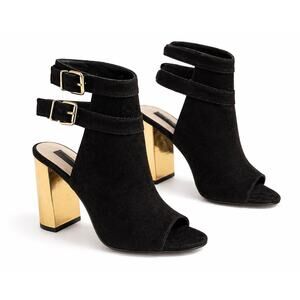 Forever 21 Black Peep Toe Heels Gold Block Heel Ankle Strap Size 7